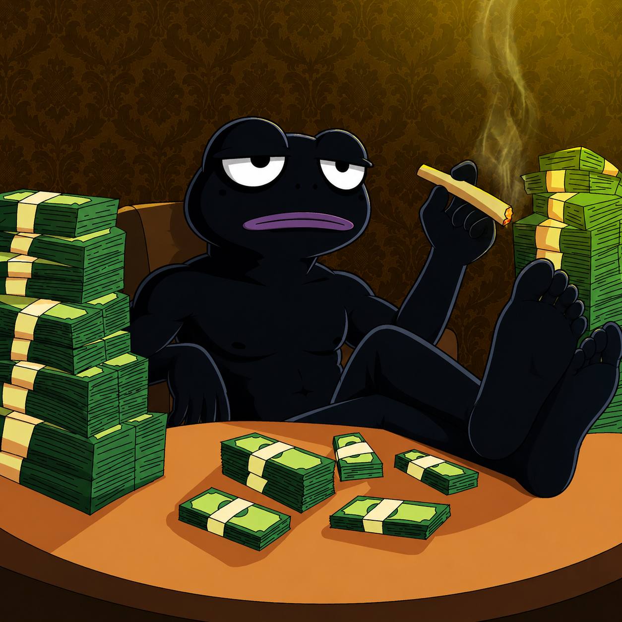 Bepe sitting at a table with money stacks