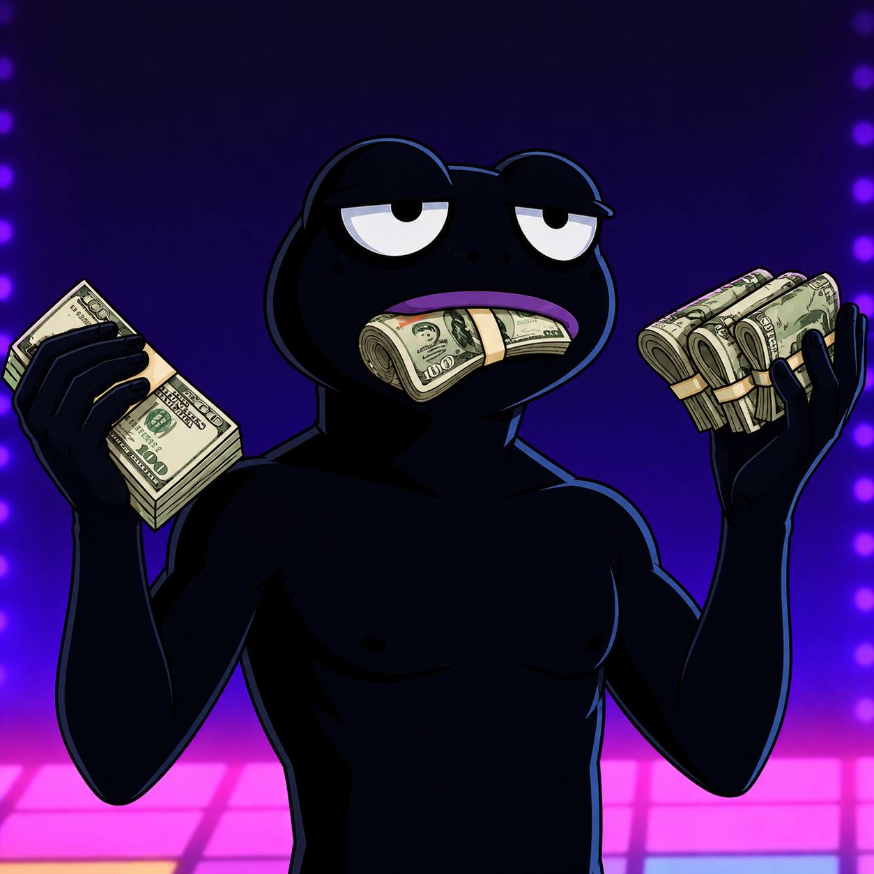 Bepe holding cash with a roll of money in his mouth