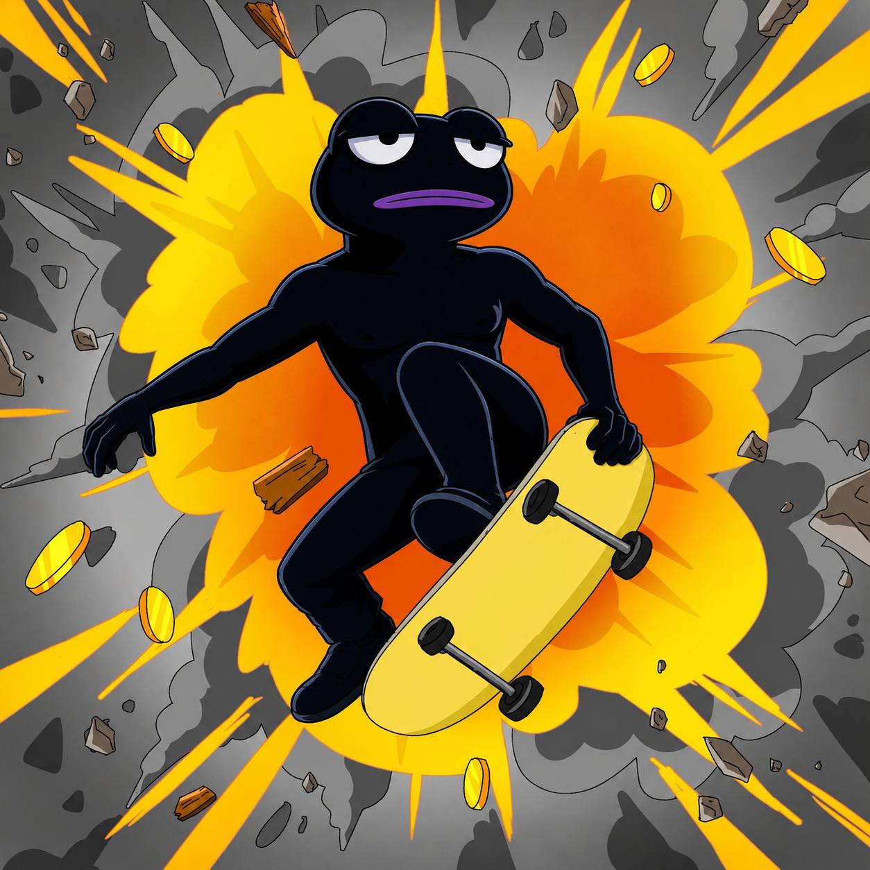 Bepe riding a skateboard through an explosion