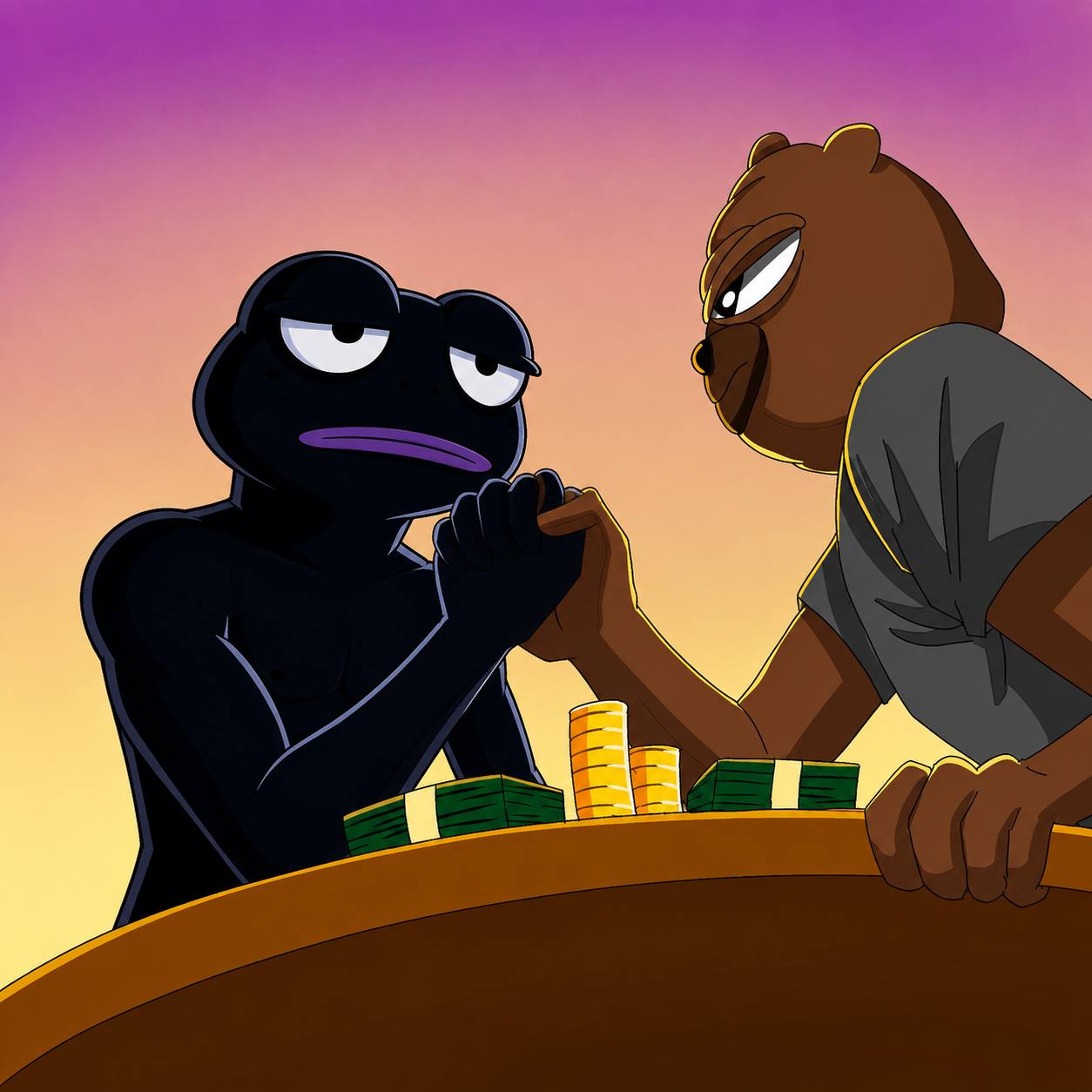 Bepe crouching in a dark cartoon street
